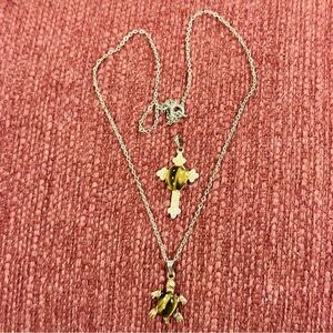 Vintage Tiger’s Eye Turtle and Cross Charm with Goldtone Chain